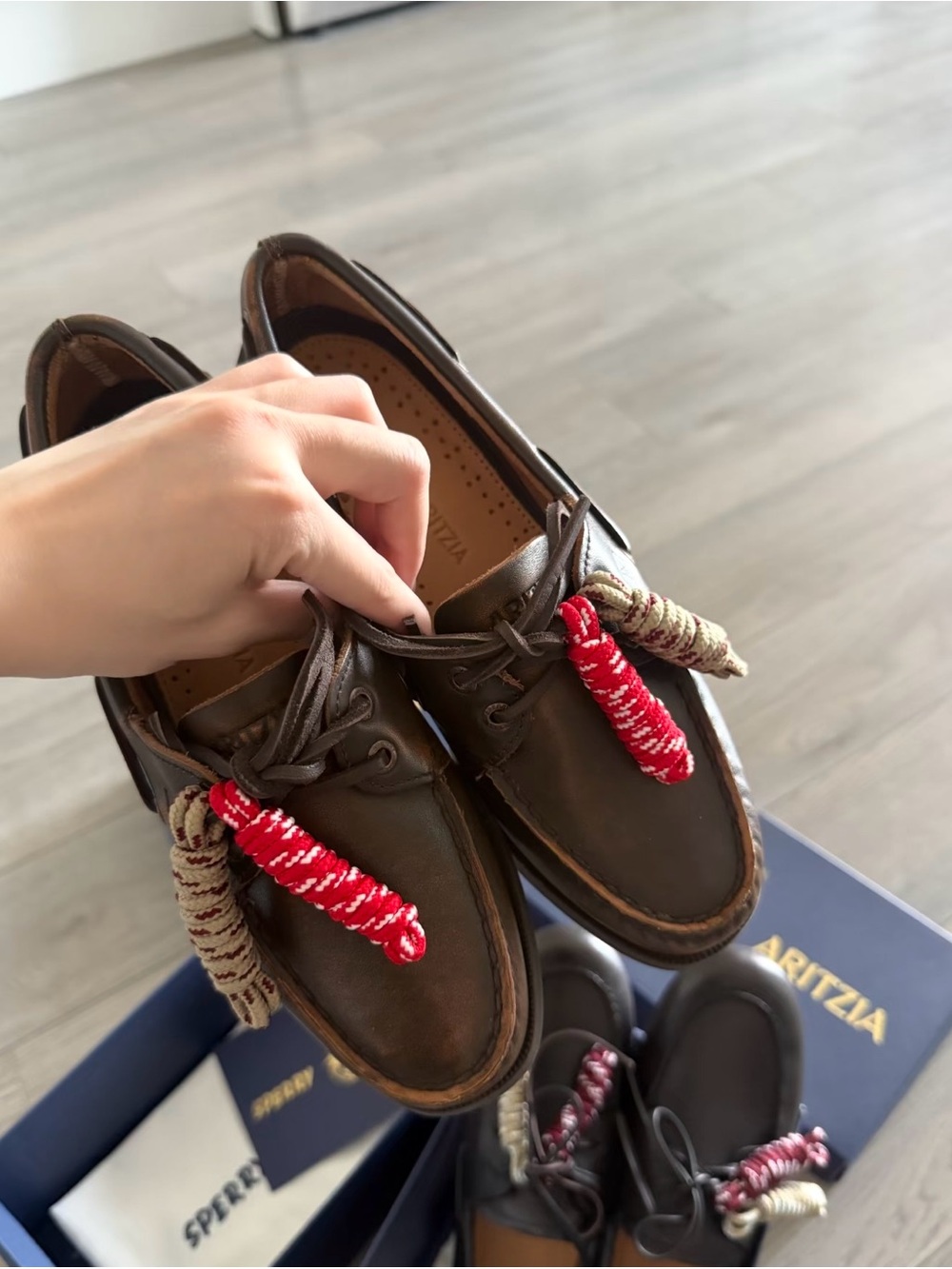 Aritzia x Sperry Brown Leather Boat Shoes with Red Accent Laces